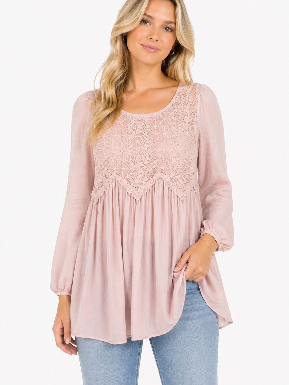 Jodifl Size Medium Light‎ Pink Lace-Front Long Sleeve Tunic Dress